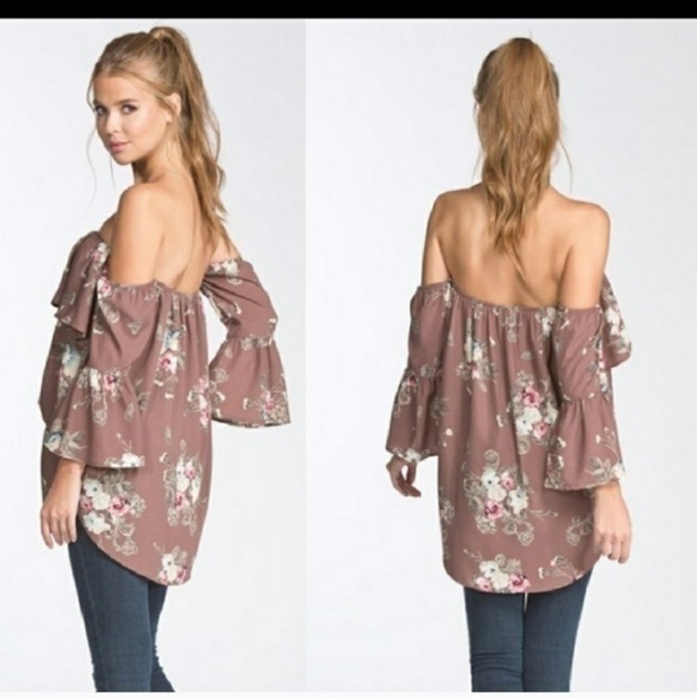 CHERISH FLORAL MOCHA BLOUSE Size Large OFF SHOULDER LONG SLEEVES FRONT TIE